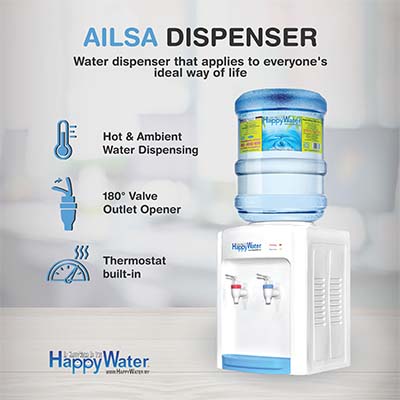 The physical appearance of Ailsa Dispenser along with the features, product details, and the HappyWater Sdn.Bhd logo.