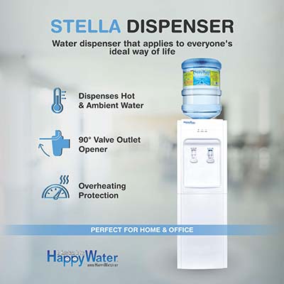 The physical appearance of Stella Dispenser along with the features, product details, and the HappyWater Sdn Bhd logo.